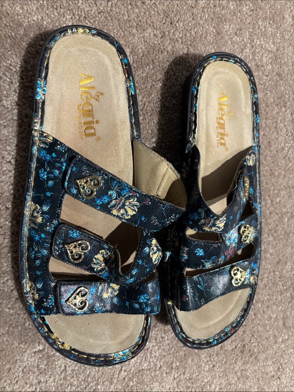 Alegria Black Floral Leather Slide Sandals with Gold Accents